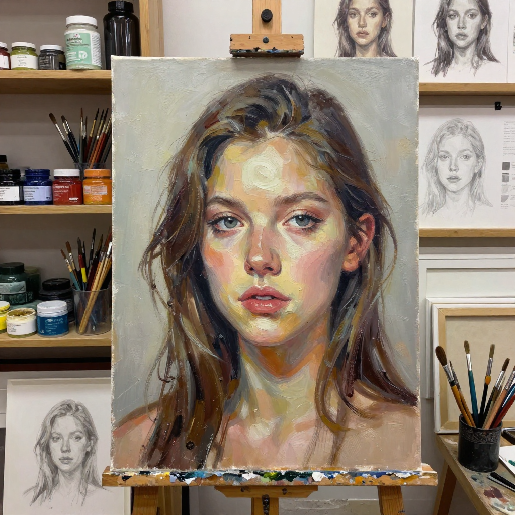 Art studio desk with brushes and sketches